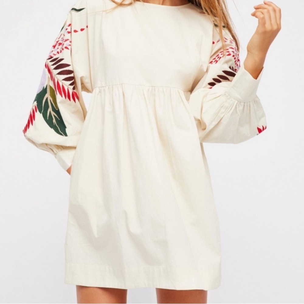 Free People Cream and Red Embellished Sundress with Bishop Sleeves
